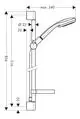 Hansgrohe Brauseset mit Wandstange, Duschkopf und Seifenschale. Technische Zeichnung mit Maßangaben der Montage- und Anschlussmöglichkeiten.
